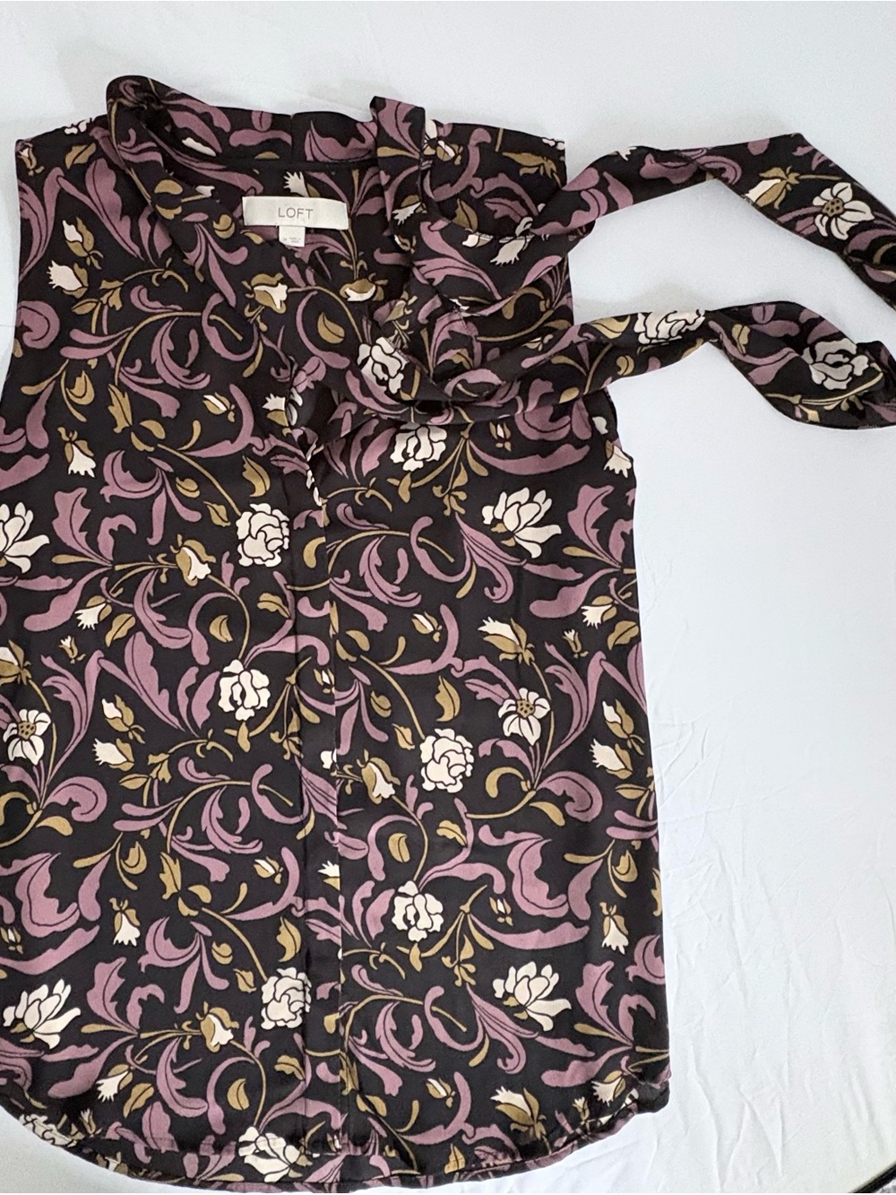 LOFT Tie-Neck Floral Black Plum Olive Green Sleeveless Top - Picture 2 of 6